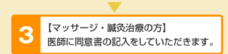 マッサージ・鍼灸治療の方 医師に同意書の記入をしていただきます。